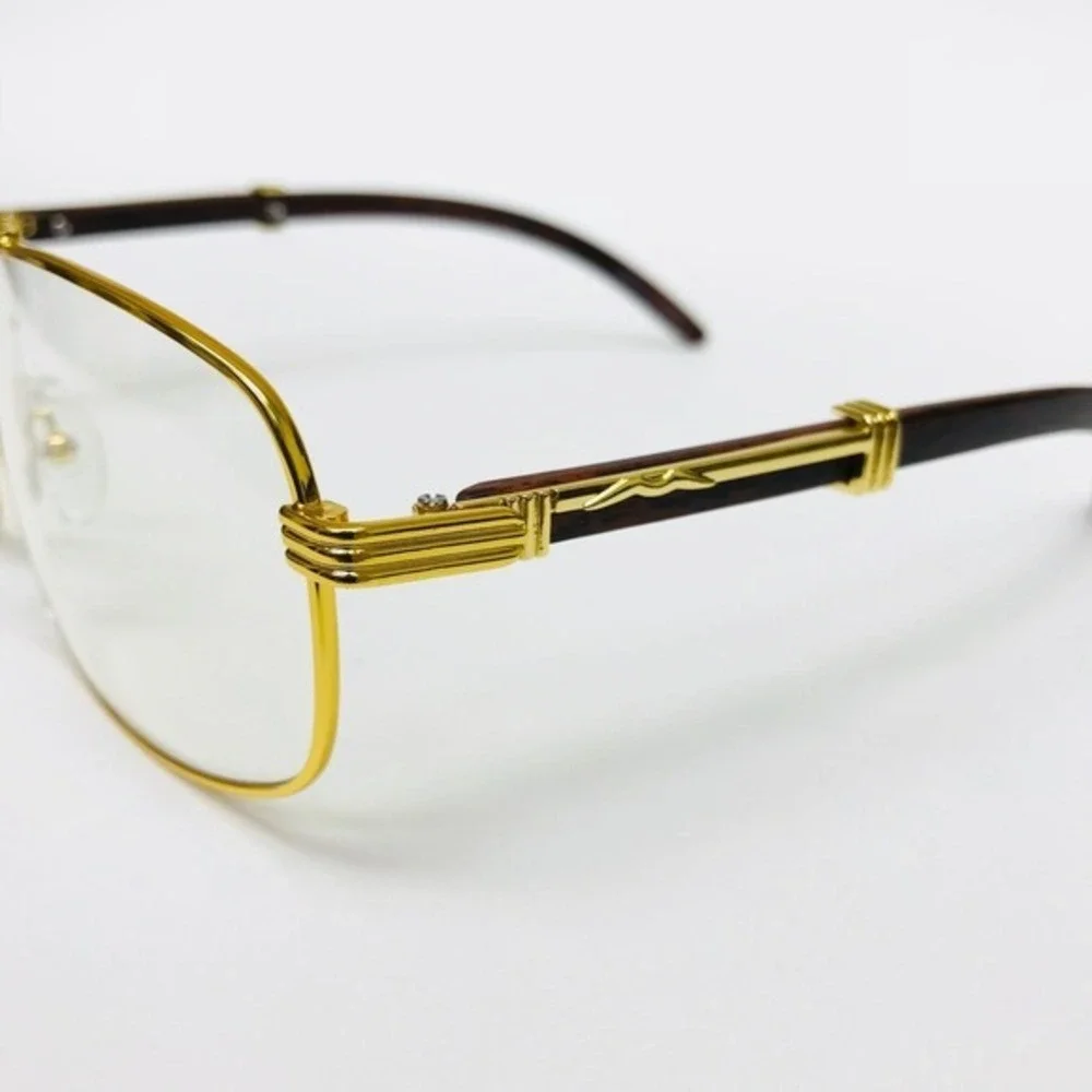 Men Sunglasses Gold Frame Wood Arms Clear‎ Lens Fashion Eyewear Glasses Street